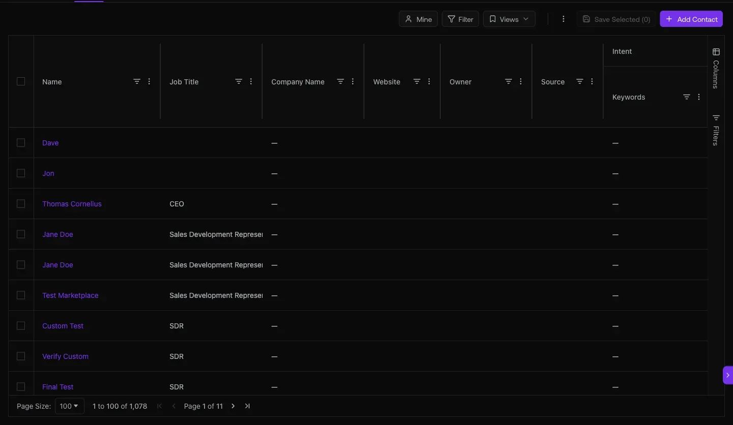 Contacts directory at /contacts showing 2.3M prospects with filter toolbar and column structure
