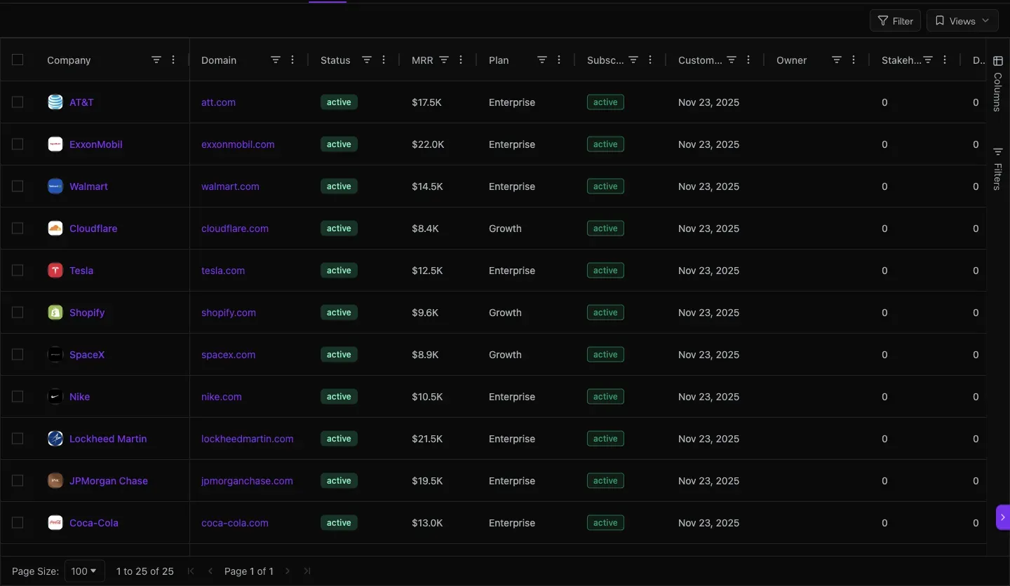 Customers filtered to past_due showing 7 at-risk accounts