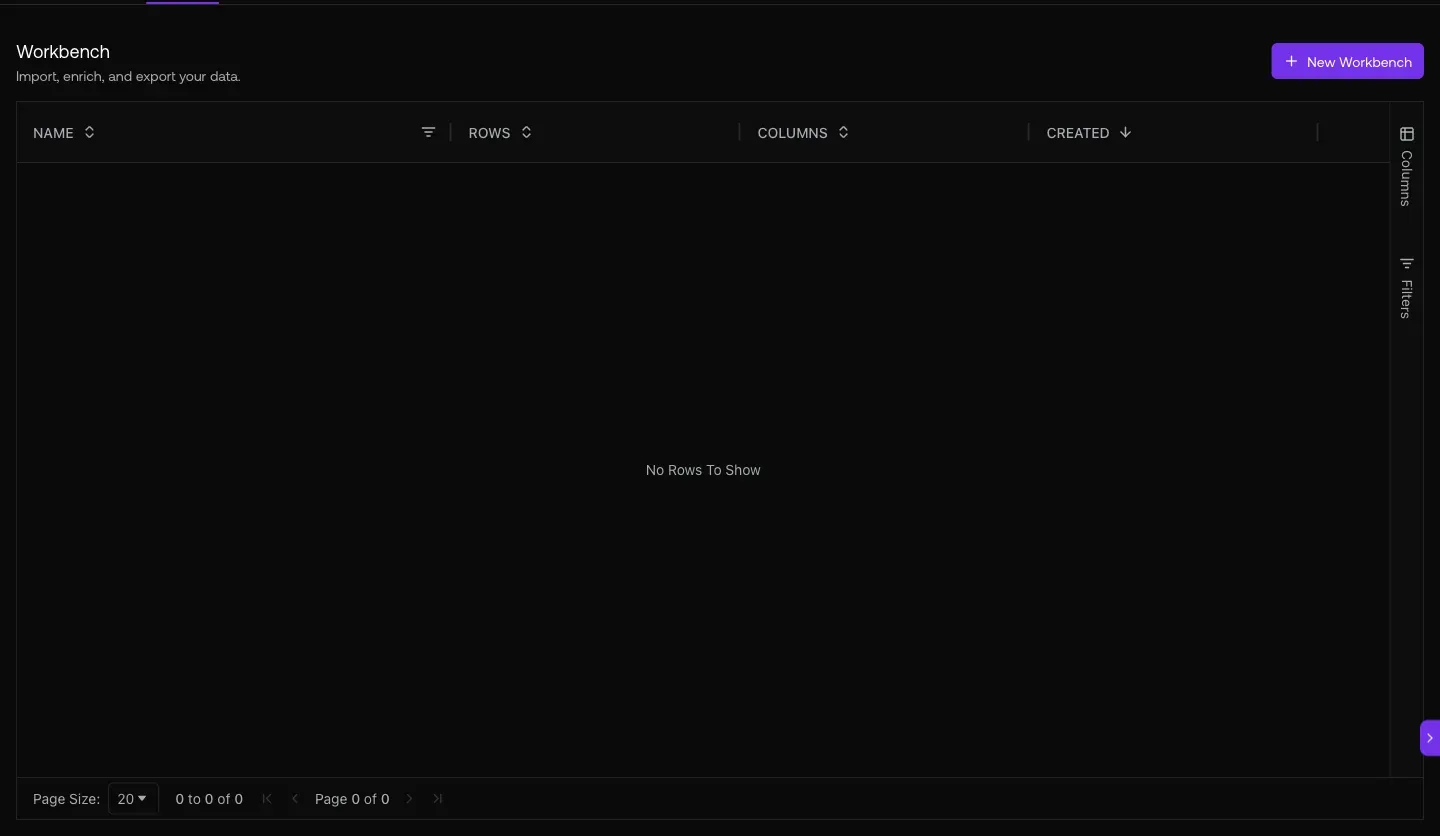 /enrichment/staging Workbench list with 34 workbenches including 'GTM Consultant Whitelabel Motion - Personalization' (229 rows × 313 cols), 'Signals - Dialer - Found Contacts' (549×12), 'Webhooked dialer companies' (2489×7), + New Workbench CTA