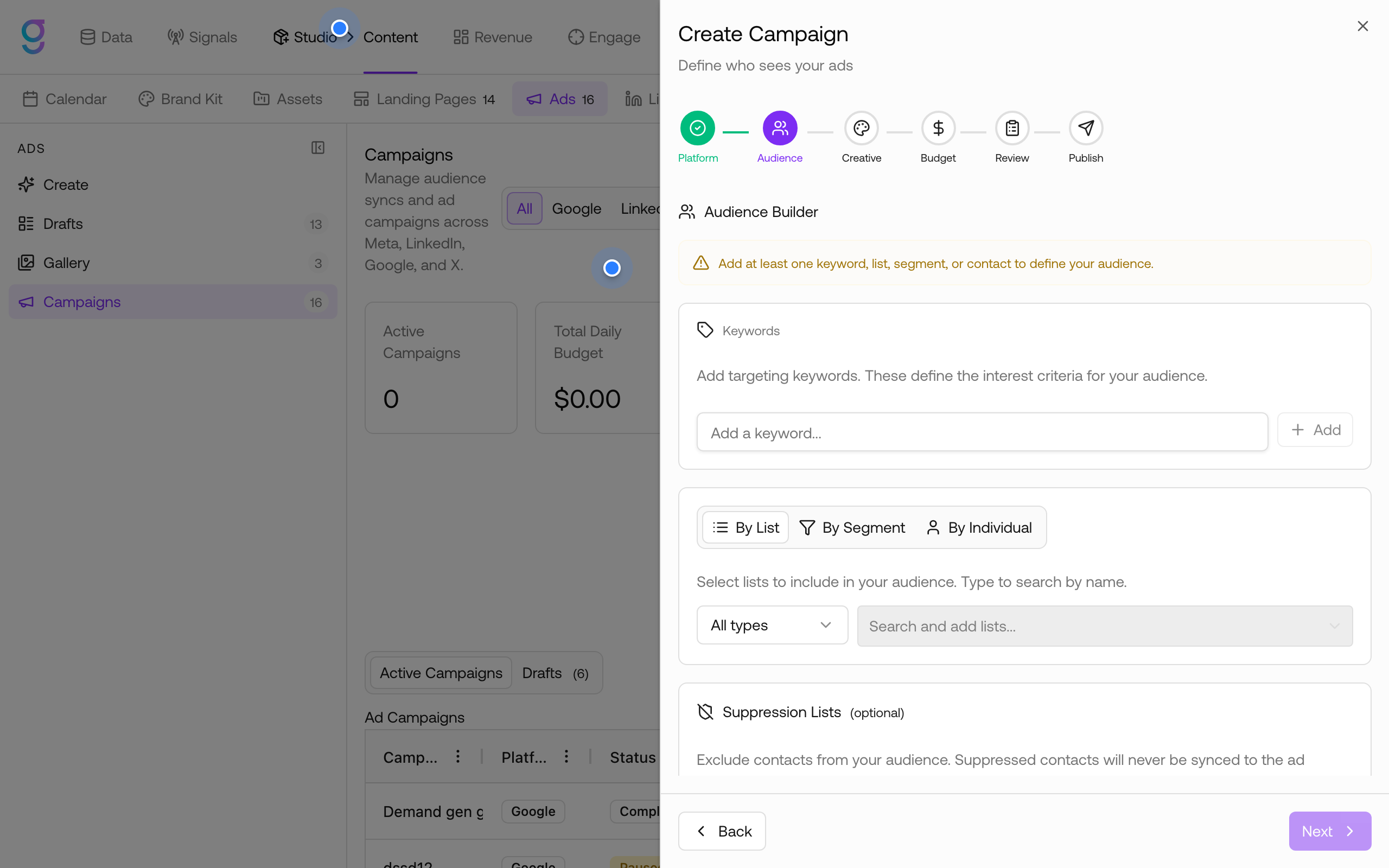 Campaign wizard audience step
