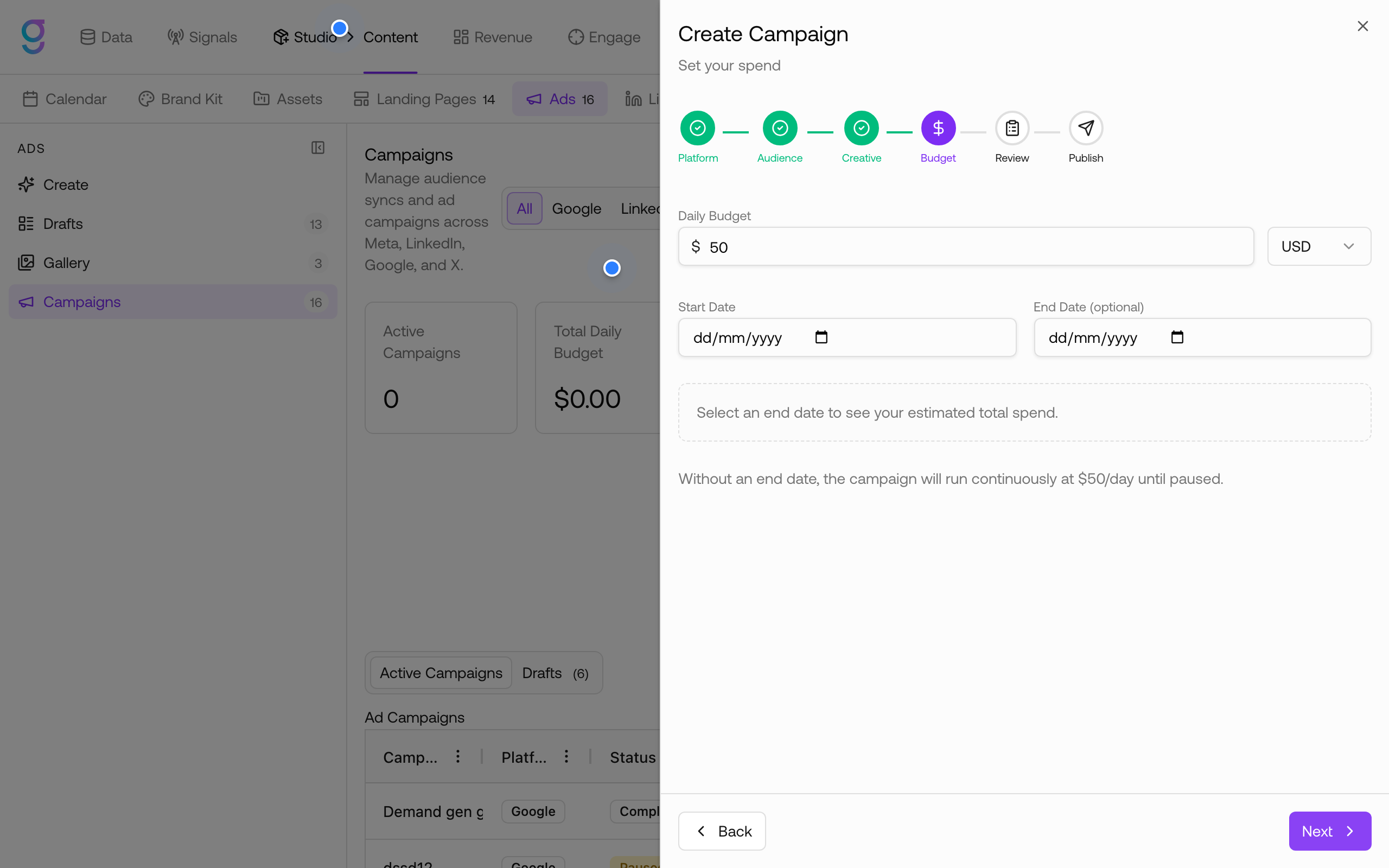 Campaign wizard budget step
