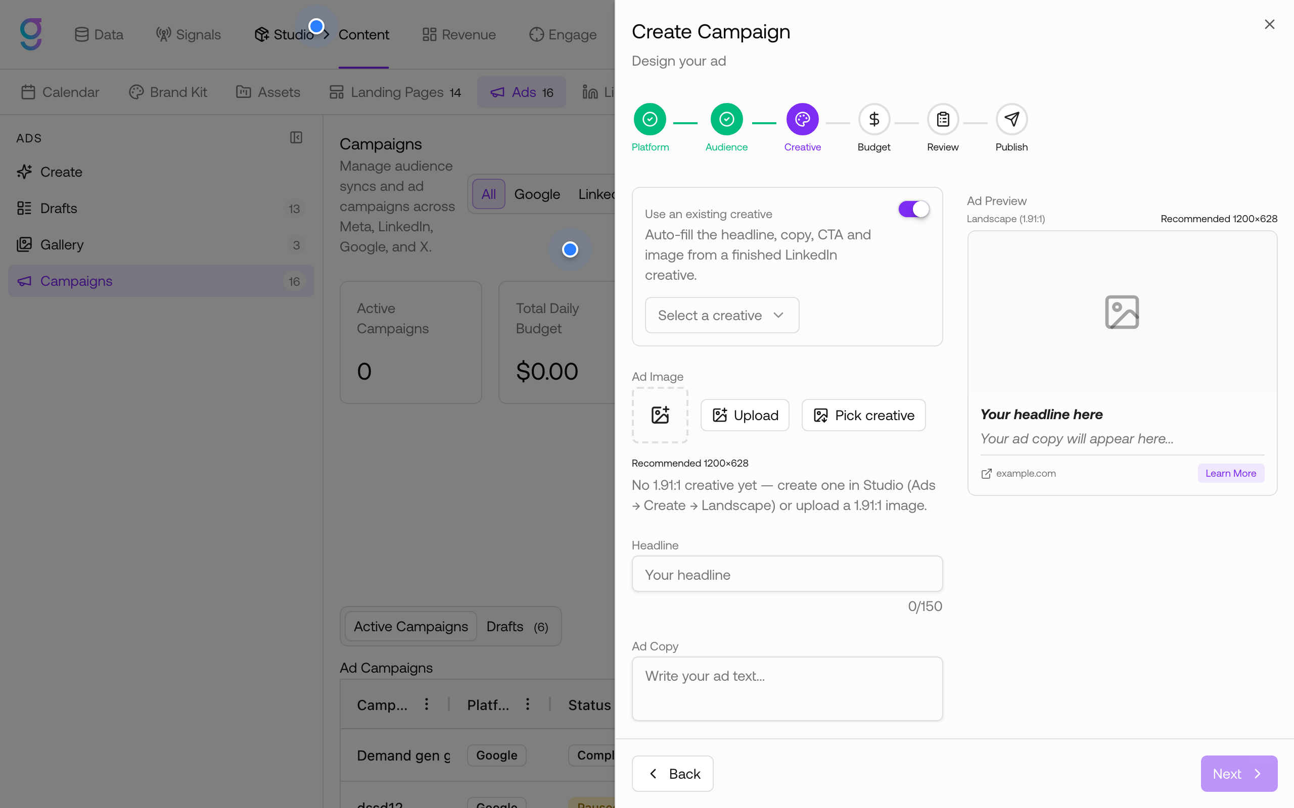 Campaign wizard creative step with existing creative toggle