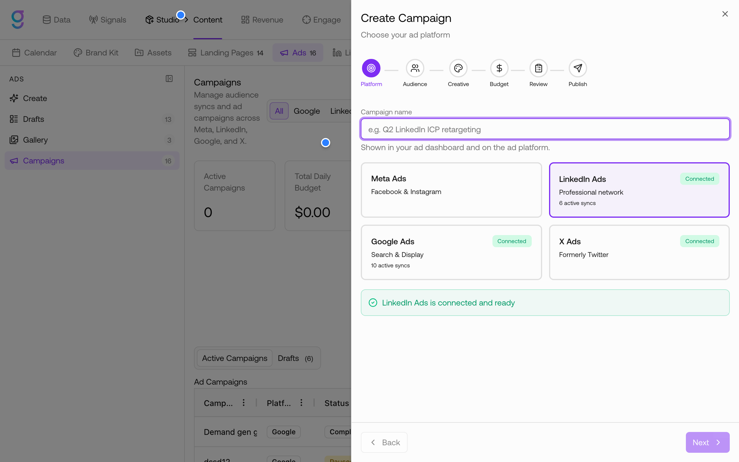 Campaign wizard platform step
