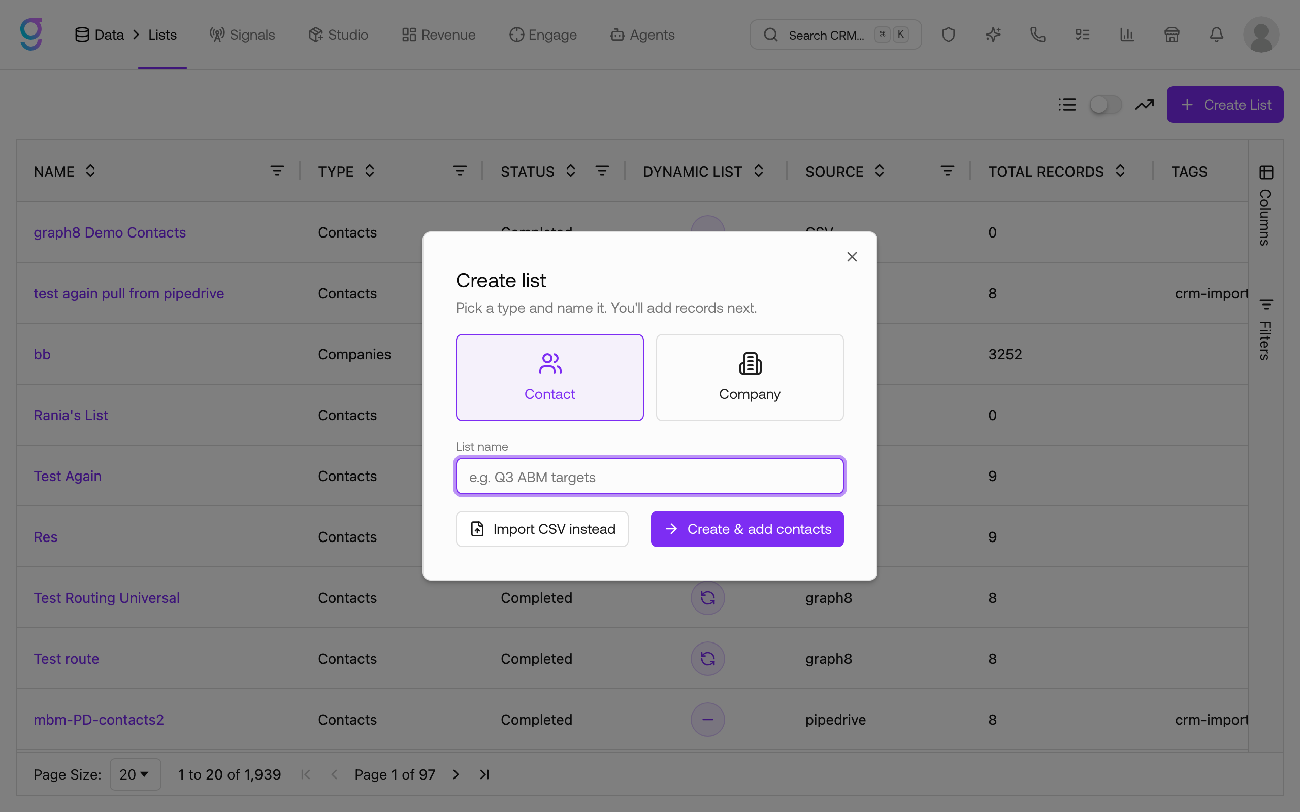 The Create list dialog: pick Contact or Company, name the list, then Create & add contacts or Import CSV instead