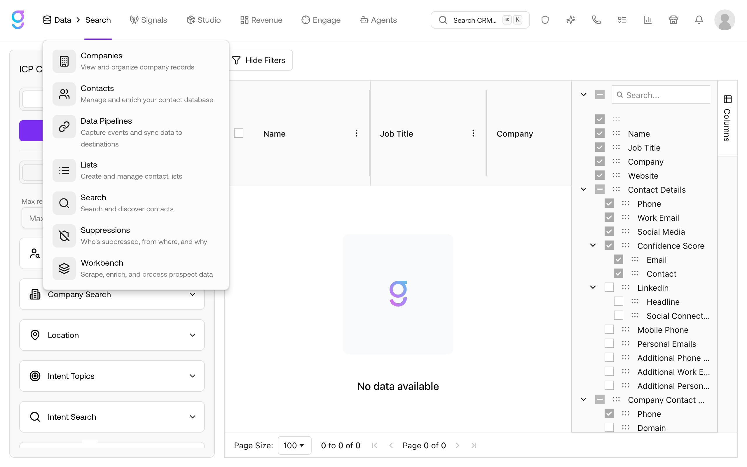 The Data menu open, showing Search alongside Companies, Contacts, Data Pipelines, Lists, Suppressions, and Workbench