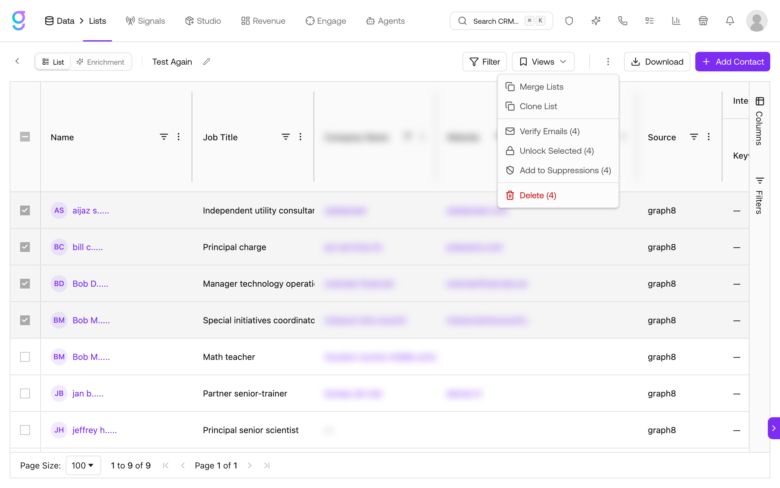 The list three-dot menu open, showing bulk actions including Add to Suppressions for the selected contacts
