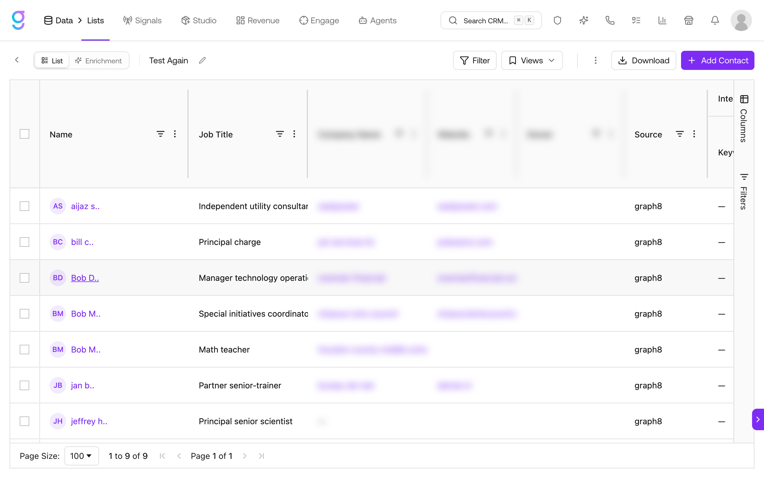 A list opened to its grid: Name, Job Title, Company, Website, Owner, Source columns with the List/Enrichment, Filter, Views, Download, and Add Contact controls
