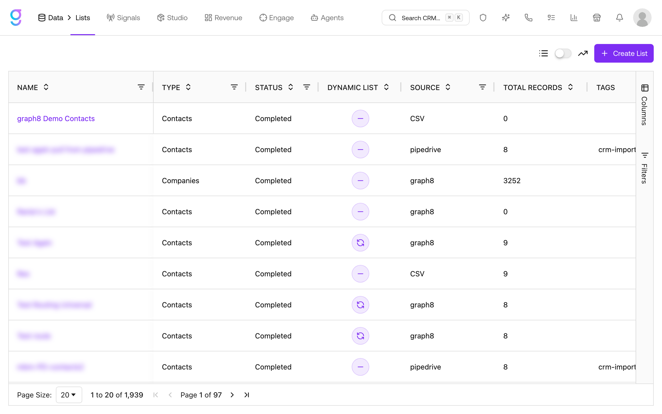 The Lists page: every list with its type, status, dynamic-list state, source, total records, tags, and created date, plus the Create List button