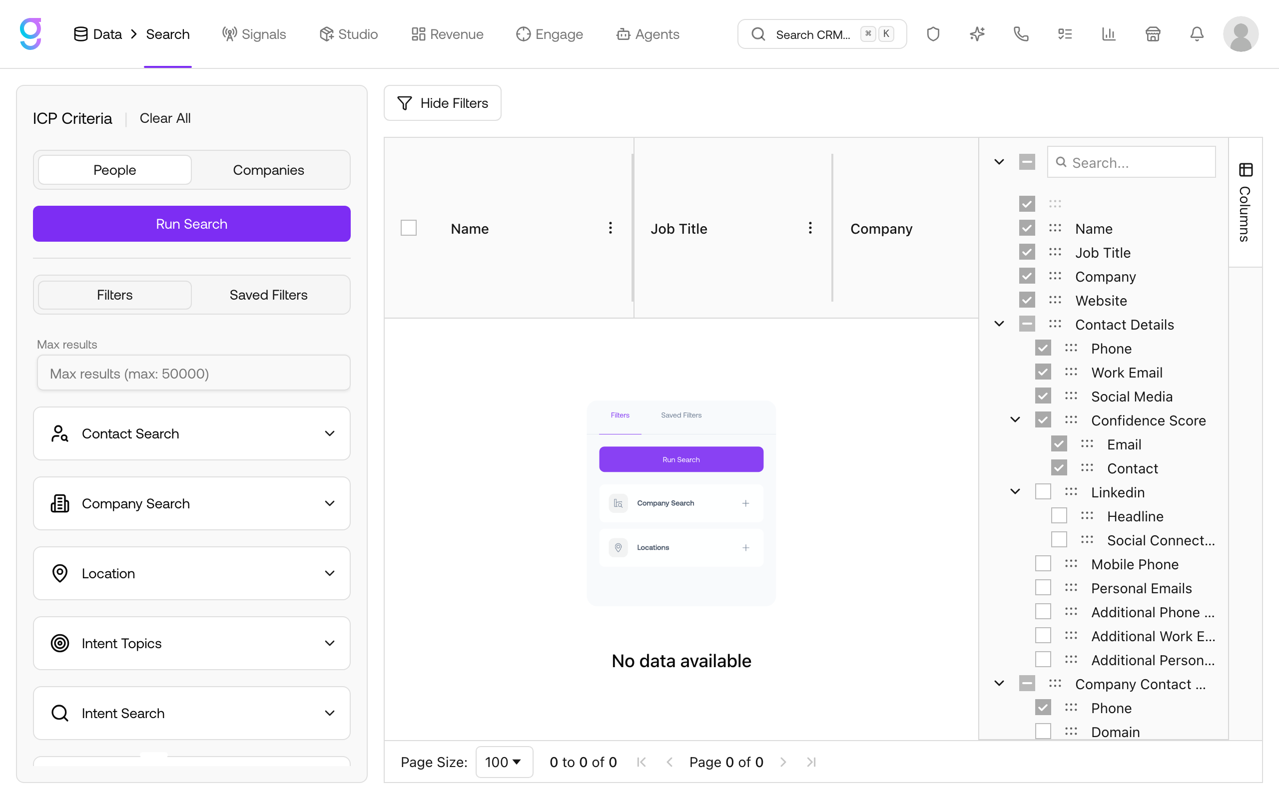 The Search page: People and Companies tabs, the Run Search button, and the ICP Criteria panel with Contact Search, Company Search, Location, Intent Topics, and Intent Search sections