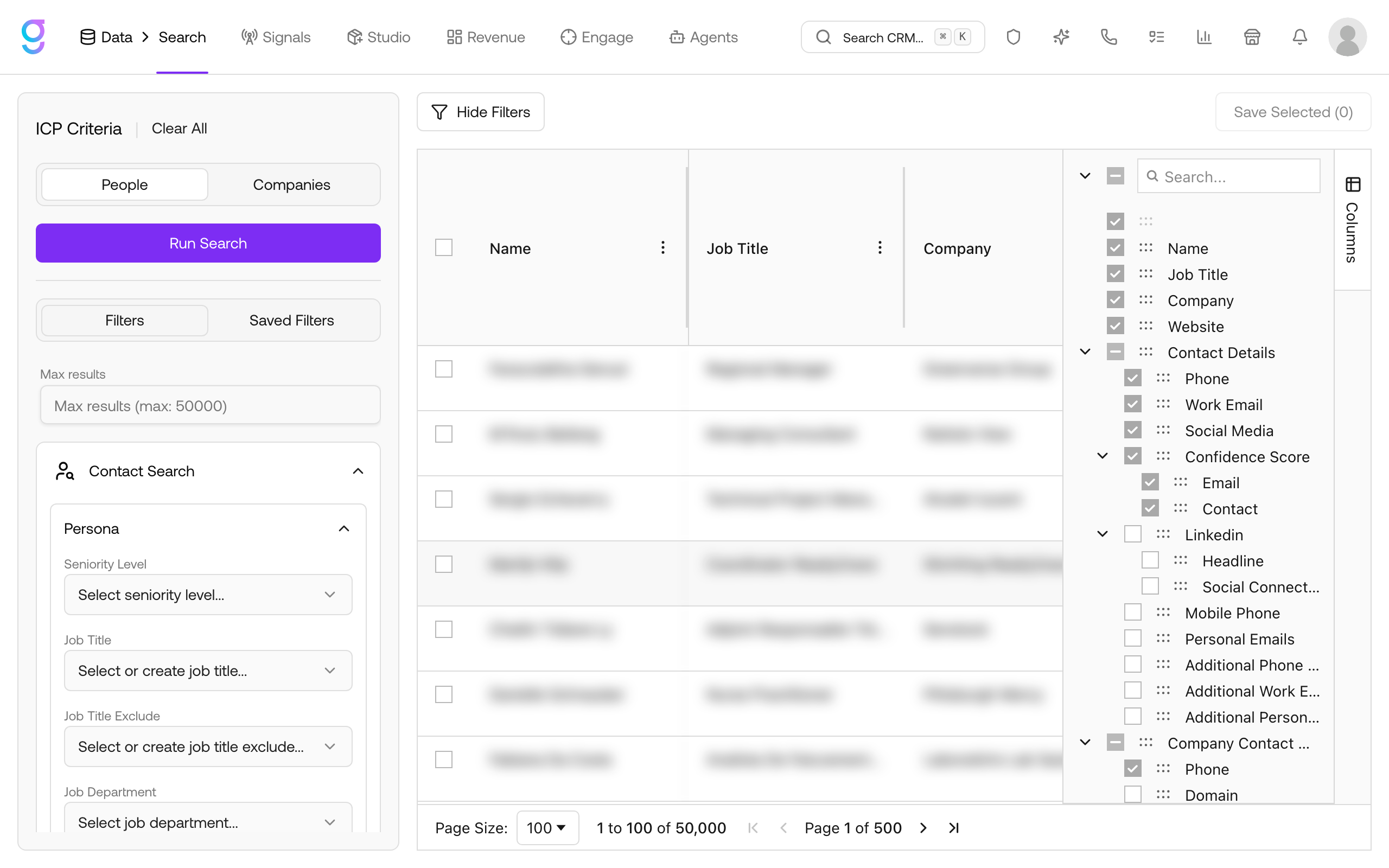 Search results in the grid with matching contacts and the Save Selected button in the top-right corner
