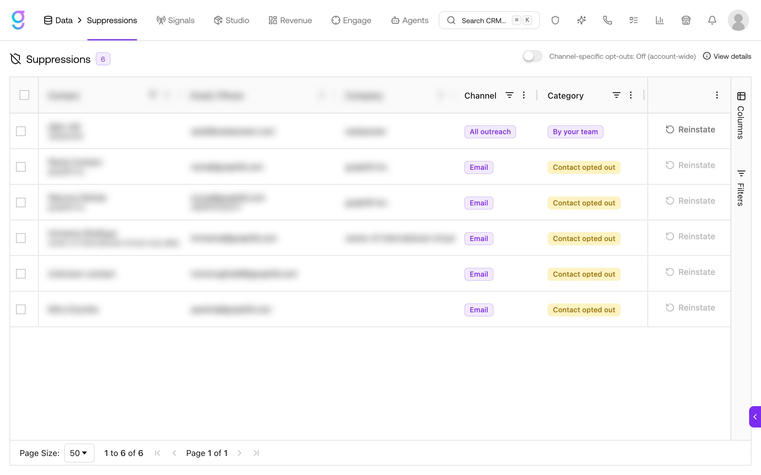 The Suppressions page: Contact, Email/Phone, Company, Channel, and Category columns with a Reinstate action per row