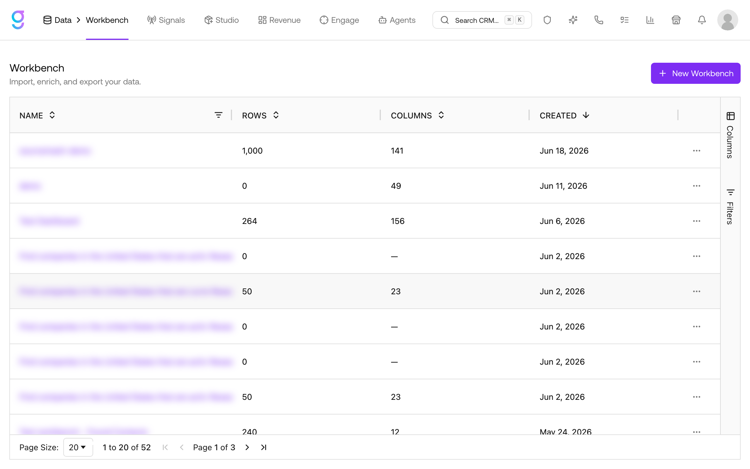 The Workbench page listing workbench tables with their rows, columns, and created date, plus the New Workbench button