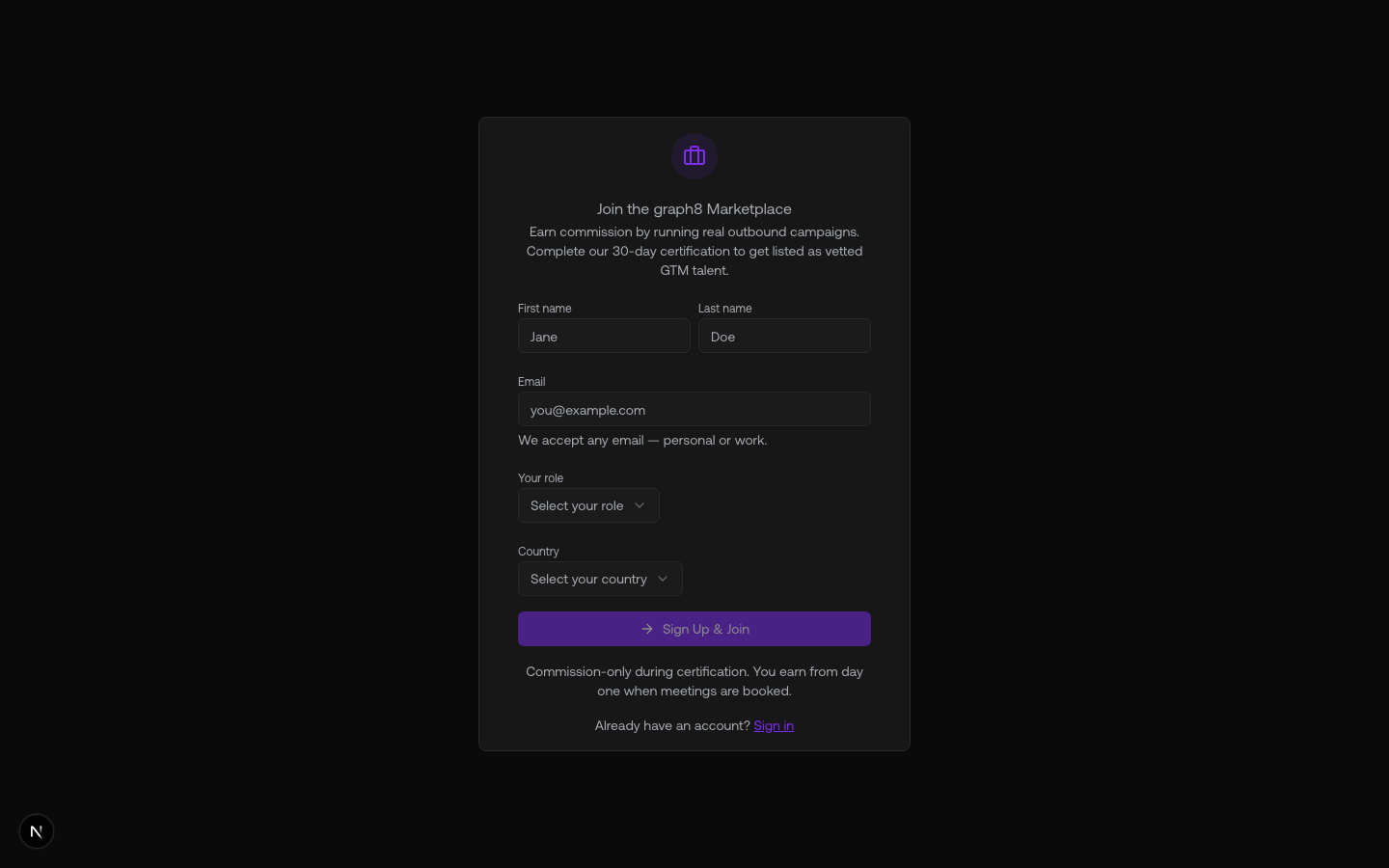 The marketplace application form: name, email, role, and country
