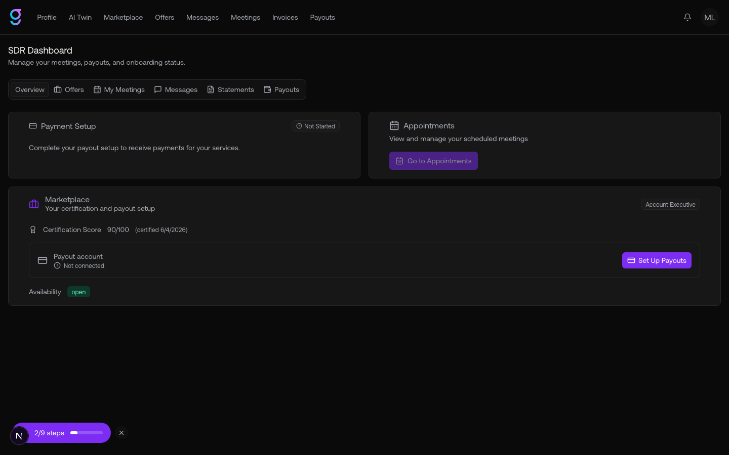 Your SDR dashboard, where Offers, Meetings, Statements, and Payouts live