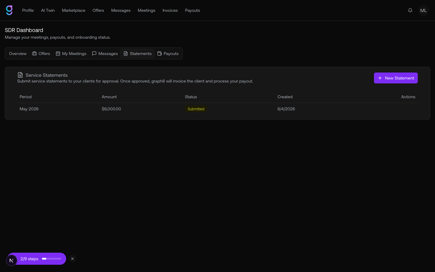 The Statements tab with a submitted service statement