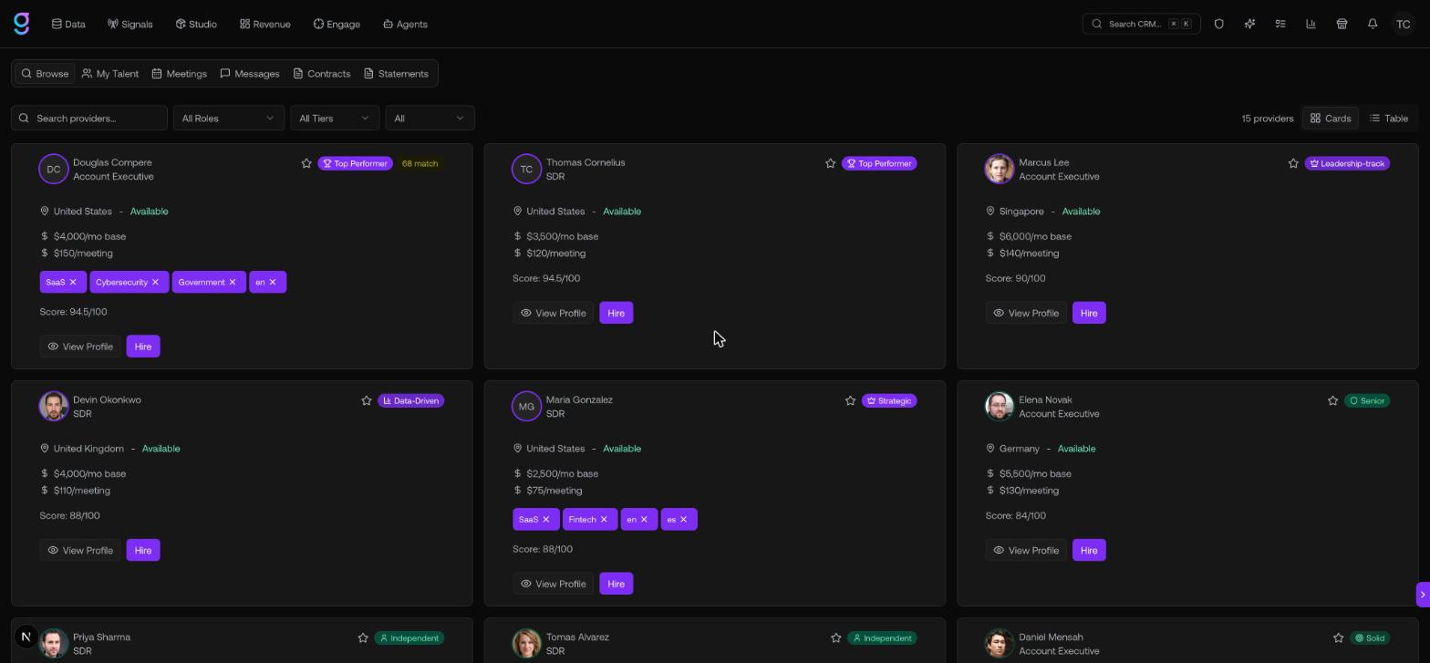 The Browse tab with talent cards, tier badges, rates, and the filter rail