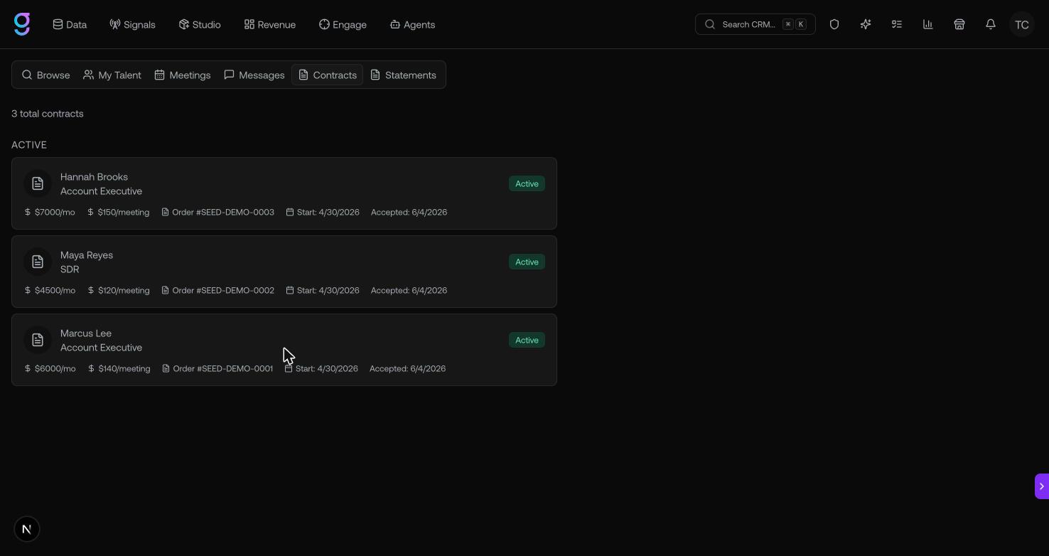 The Contracts tab listing active engagements with order numbers and dates