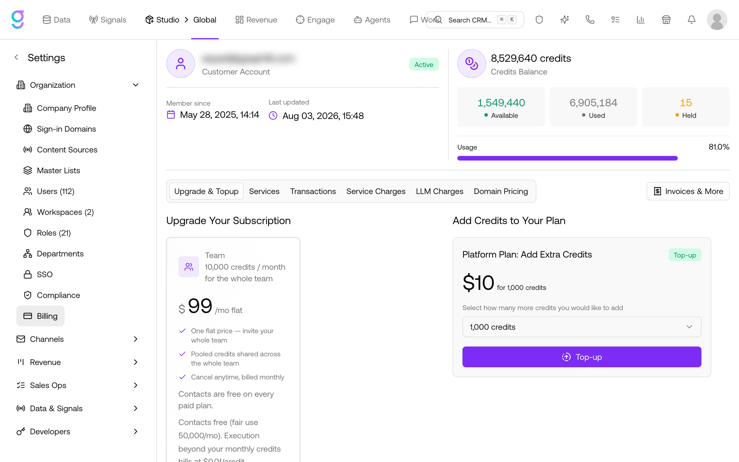 The Billing page under Settings → Organization, showing the credits balance and billing tabs