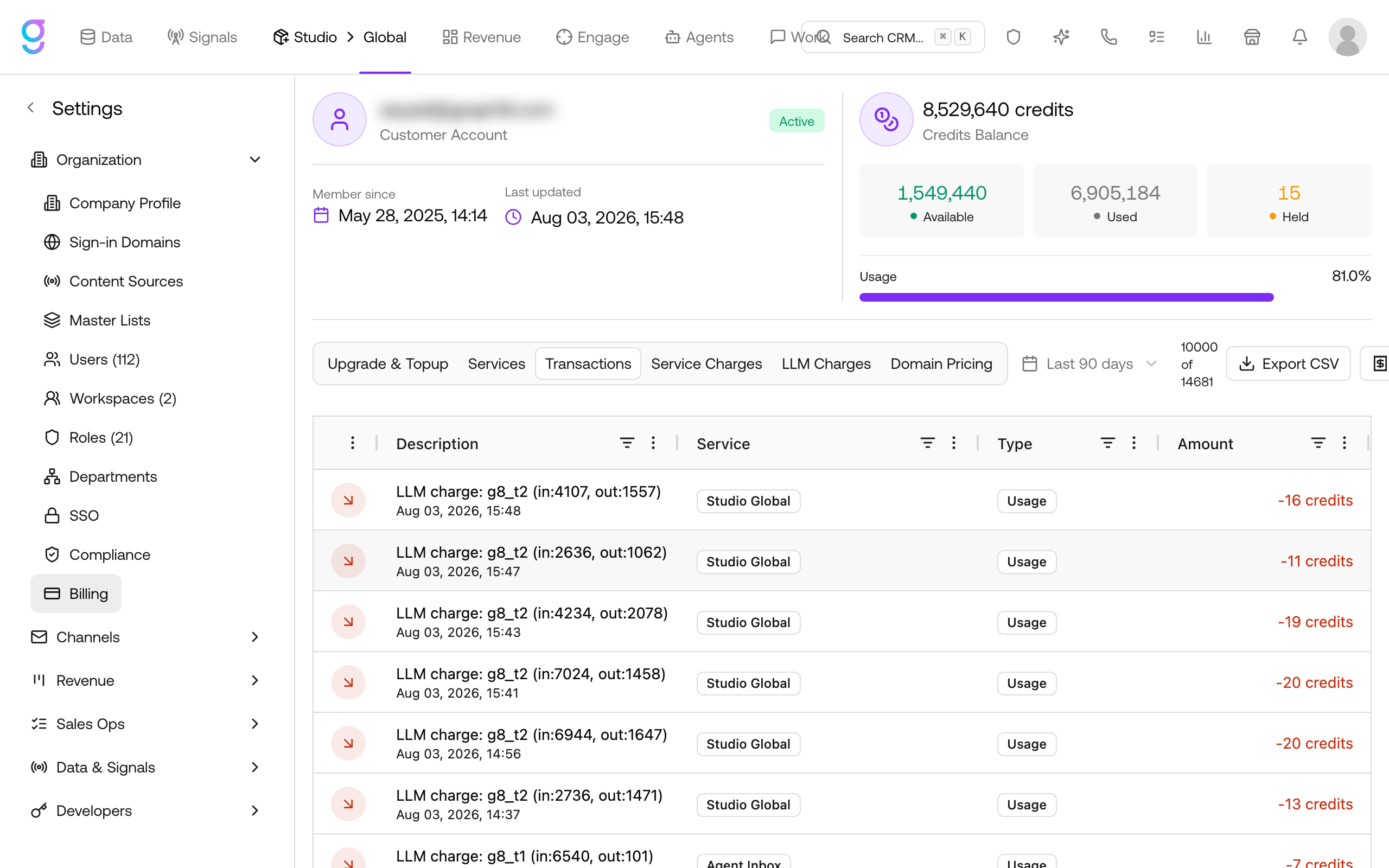 The Transactions tab on the Billing page listing credit charges per service