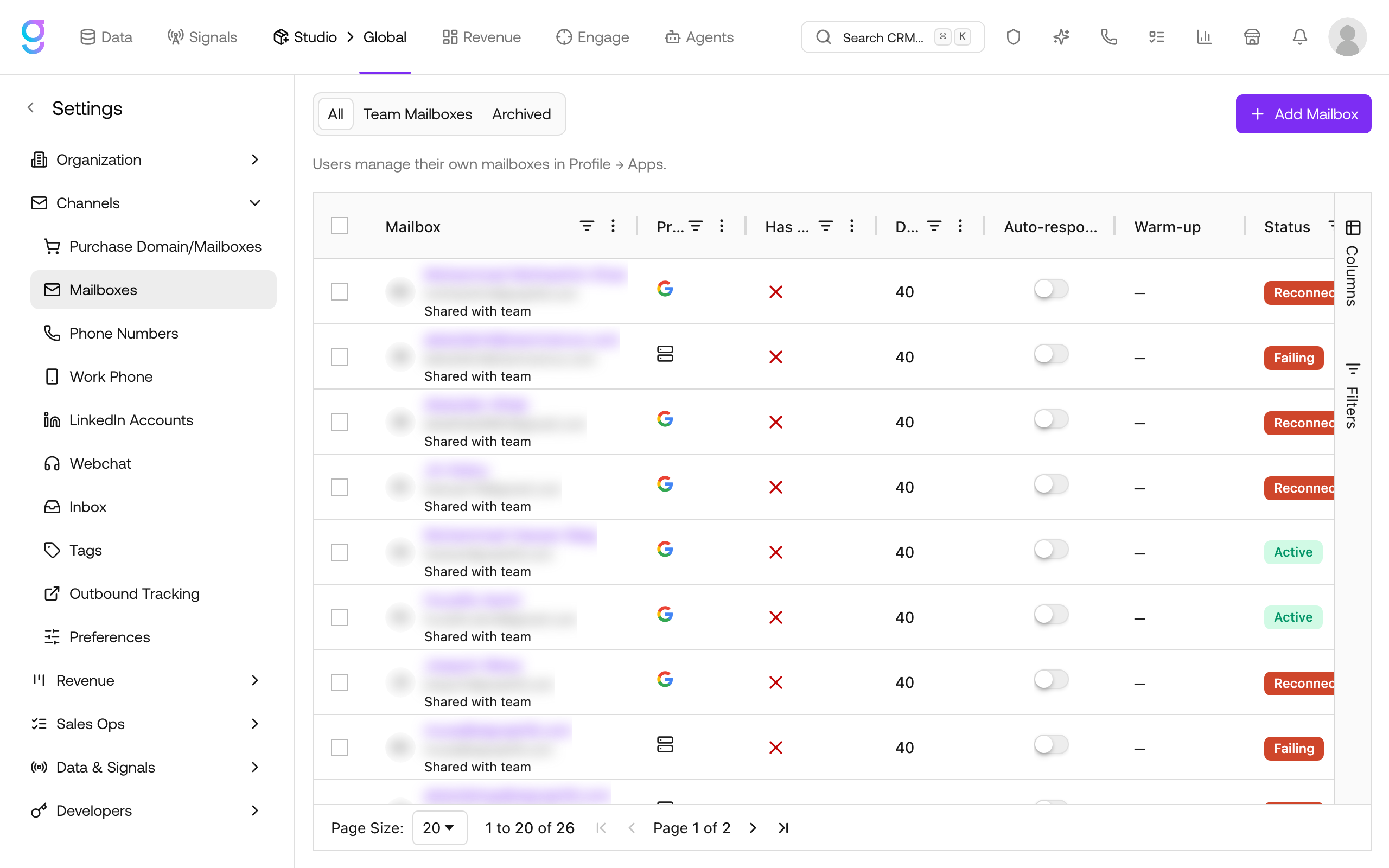 The Mailboxes page under Settings → Channels, showing the mailbox table with provider, daily limit, warm-up, and status columns