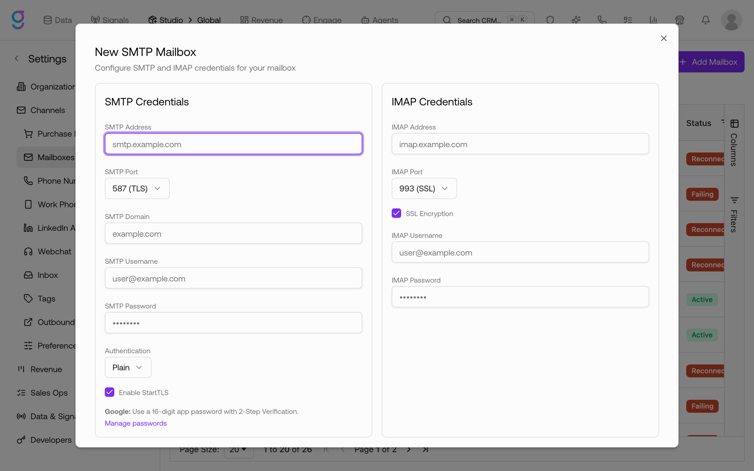 The New SMTP Mailbox dialog with SMTP and IMAP credential fields
