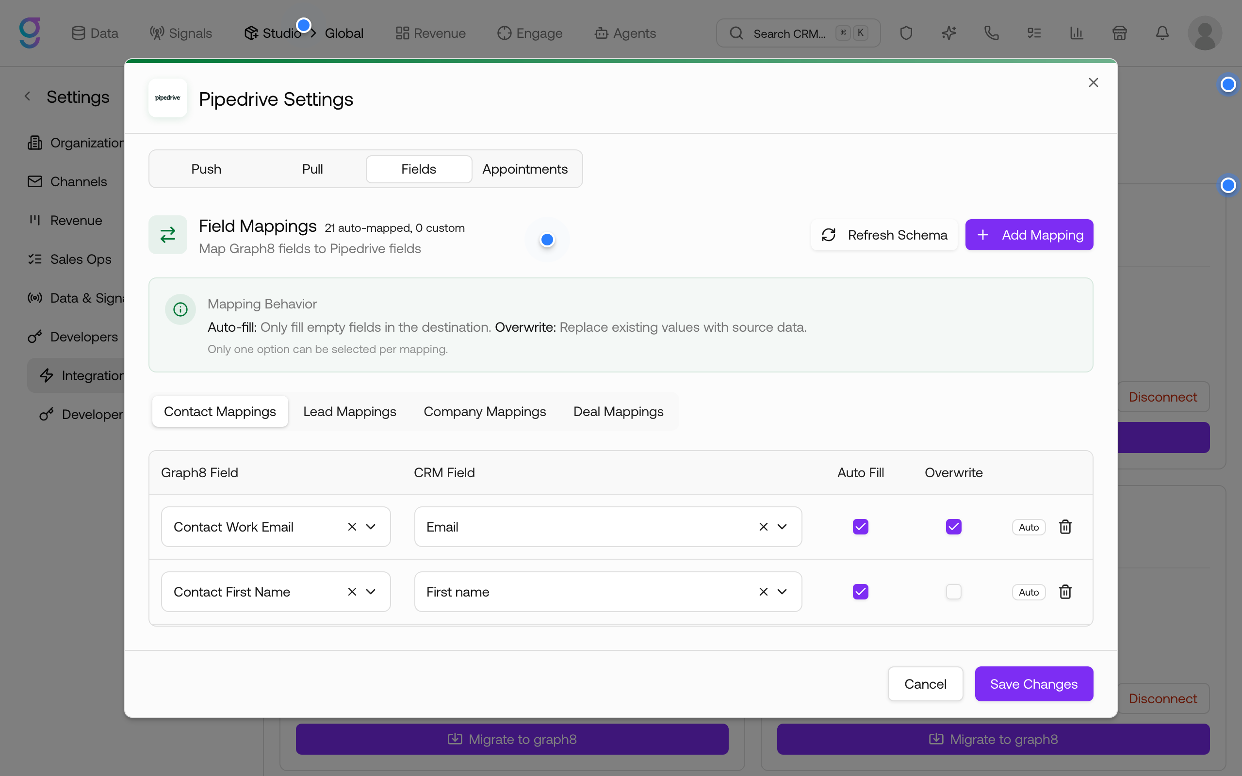 The Fields tab showing auto-mapped field mappings with Auto Fill and Overwrite options