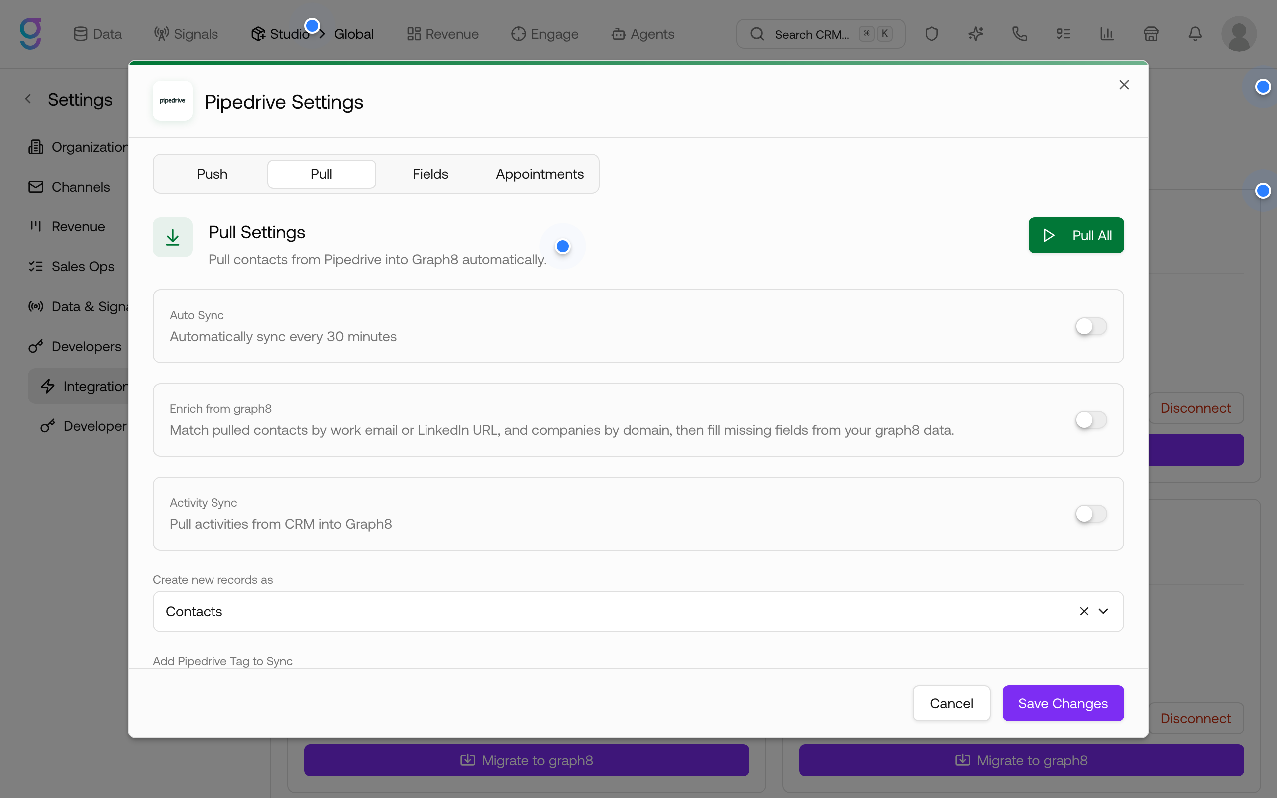 The Pull tab of the Pipedrive Settings dialog