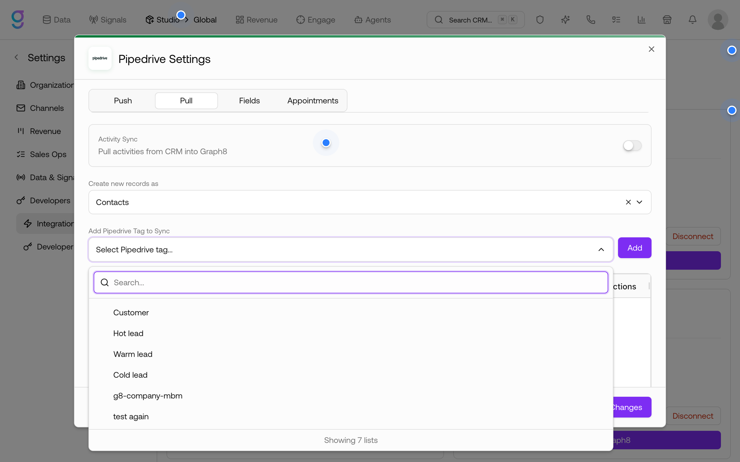 The Pipedrive tag dropdown listing labels as lists